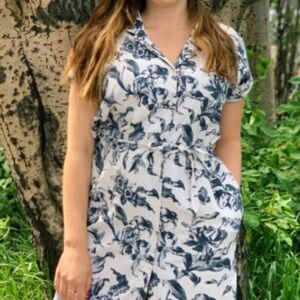 Frank & Oak Navy and White Midi Dress, Floral, Belted, Buttons